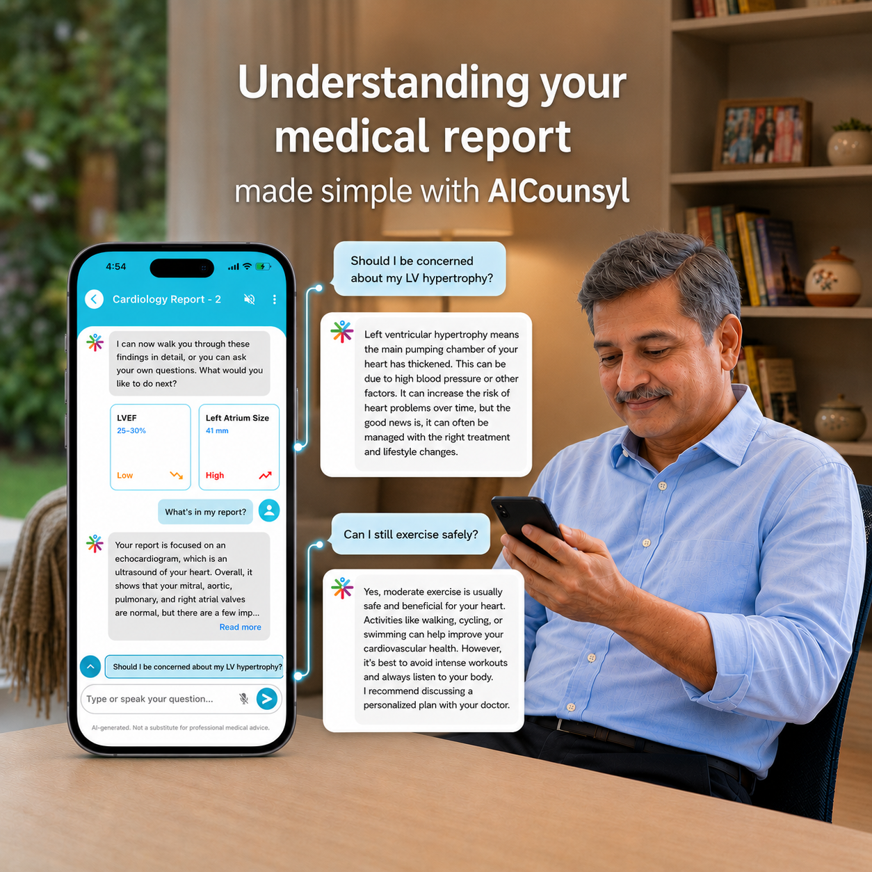 A person using the AIcounsyl app to understand their medical report